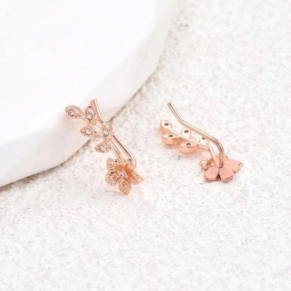 Cubic Zirconia Flower Ear Climbers Stud Earrings Rose Gold - Picture 5 of 8